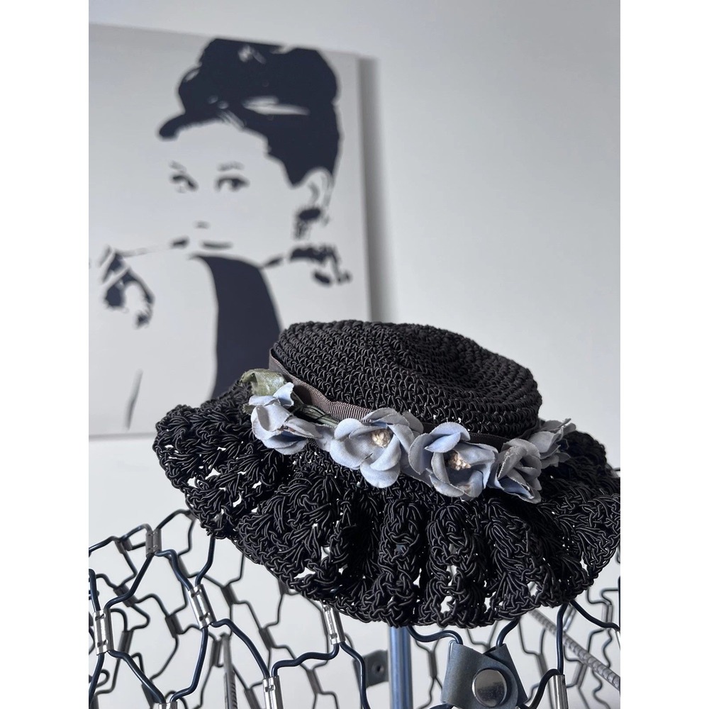 Vintage Black‎ Woven Straw Pillbox Hat Ruffle Brim Floral Ribbon Bow Mid Century